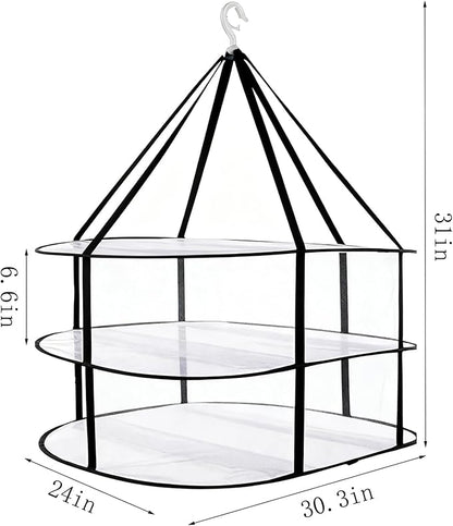 3-Tier Folding Mesh Clothes Drying Rack, Stackable Sweater Dryer Rack with Internal Fixation, Portable Hanging Laundry Rack for T-Shirt,Swimsuit,Sweater,Delicates(Black,Size:30.3x24x31inch)
