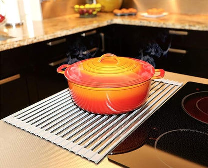 Pezixueran Roll Up Dish Drying Rack Over The Sink.Foldable Kitchen Drainer,Fully Silicone Cover Stainless Steel Bar,Heat-Resistant, Anti-Slip Sink Rack for Kitchen Counter Multipurpose.