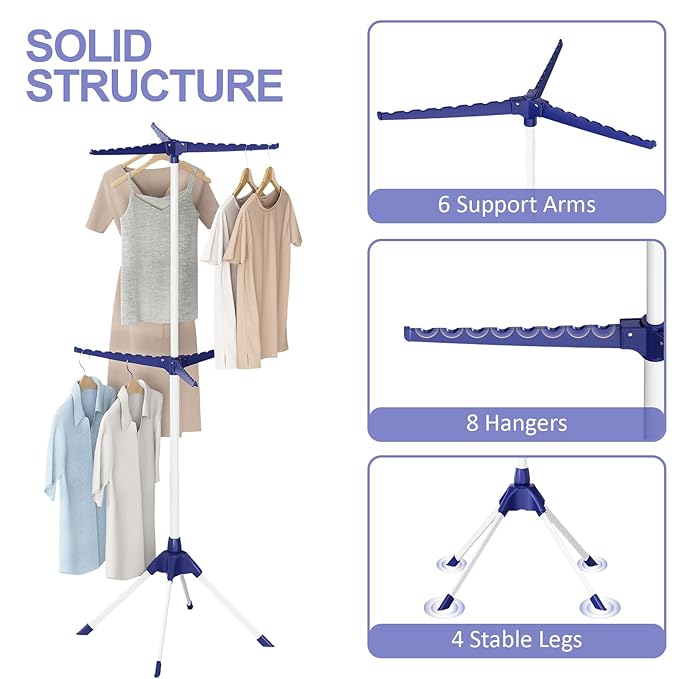 APEXCHASER Clothes Drying Rack 2-Tier Folding Laundry Drying Rack, 57 Inch Collapsible Clothing Rack 4 Legs, 6 Arms for 48 Hangers, Portable Clothes Airer for Indoor Outdoor Beach RV Travel, Blue