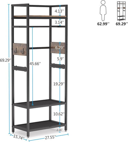 Tribesigns 69-inch Tall Clothes Garment Rack, Small Heavy Duty Clothes Hanging Rack, Freestanding Closet Organizer with Open Storage Shelves and Hooks for Bedroom, Brown & Black