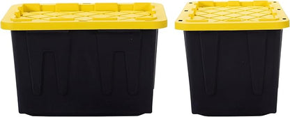 Plastic 23-Gallon Storage Tote with Lockable Lid, Stackable Tough Regular-Duty Bin for Garage, Tools, and Home Organization (2-Pack) - Black and Yellow