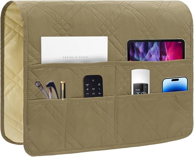 HADEEONG Couch Armrest Organizer Remote Control Holder Bedside Caddy with 6 Pockets, Non-Slip Armchair Caddy Sofa Armrest Organizer for Tv Remote Control, Magazine, Cell Phone, Dark Khaki