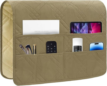 HADEEONG Couch Armrest Organizer Remote Control Holder Bedside Caddy with 6 Pockets, Non-Slip Armchair Caddy Sofa Armrest Organizer for Tv Remote Control, Magazine, Cell Phone, Dark Khaki