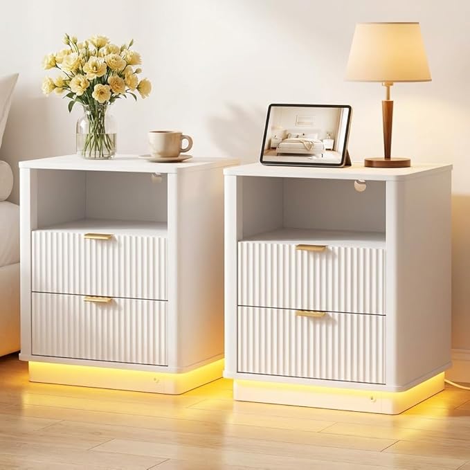 BONITURE Fluted Night Stand Set of 2, Curved Nightstands with Charging Station Lighting, Wood End Table with 2 Drawers, Modern Side Table Storage Cabinet for Bedroom Office,(2, White)