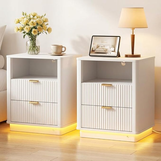 BONITURE Fluted Night Stand Set of 2, Curved Nightstands with Charging Station Lighting, Wood End Table with 2 Drawers, Modern Side Table Storage Cabinet for Bedroom Office,(2, White)