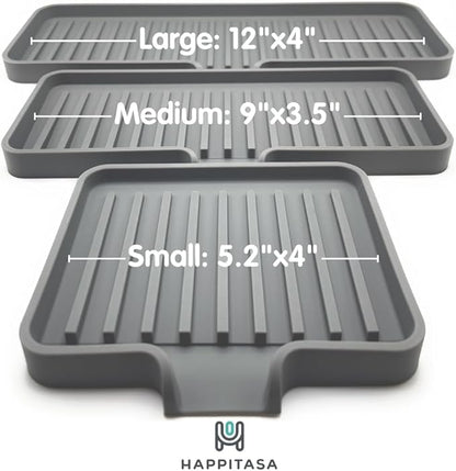 Happitasa Silicone Soap Dish Tray and Sponge Holder with Drain Chute | Bathroom and Kitchen Sink Organizer Caddy (Smoky Blue, 9"x3.5", 5.6 Ounces)