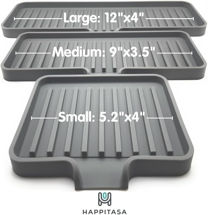 Happitasa Silicone Soap Dish Tray and Sponge Holder with Drain Chute, Pack of 2 | Bathroom and Kitchen Sink Organizer Caddy (Black, 5.2"x4", 7.2 Ounces)