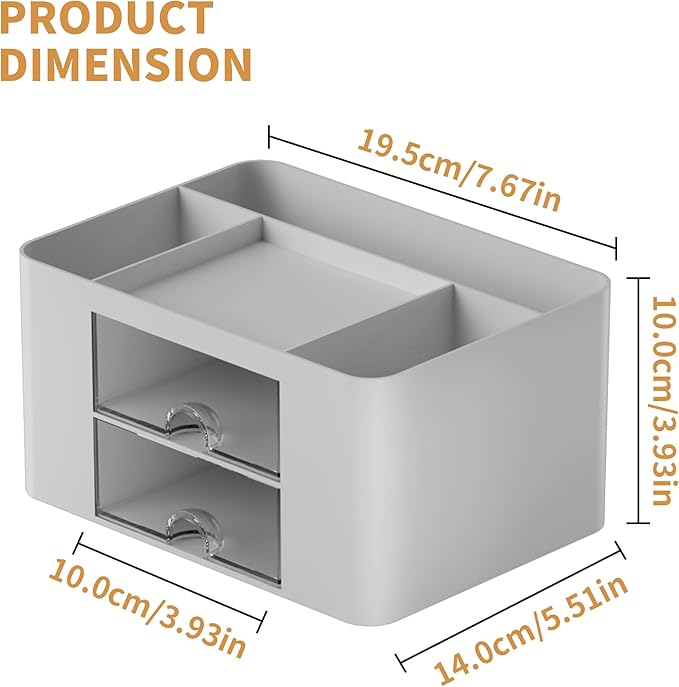 Marbrasse Pen Organizer with 2 Drawer, Multi-Functional Pencil Holder for Desk, Desk Organizers and Accessories with 5 Compartments + Drawer for Office Art Supplies (Grey)