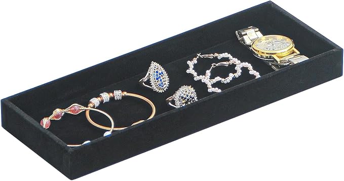 Divided Drawer Organizer Tray, Velvet Jewelry Storage Tray, Necklace Bracelet Ring Earring Display Tray,Bedside Nightstand Desk Holder Tray for Phone Watch Sunglasses Cosmetics Storage/Black/1grid