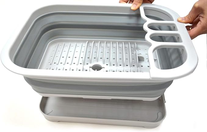 SAMMART Set of 2 Collapsible Dish Drainer with Drainer Board - Foldable Drying Rack Set - Portable Dinnerware Organizer - Space Saving Kitchen Storage Tray (2, Grey)