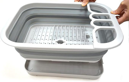 SAMMART Set of 2 Collapsible Dish Drainer with Drainer Board - Foldable Drying Rack Set - Portable Dinnerware Organizer - Space Saving Kitchen Storage Tray (2, Grey)