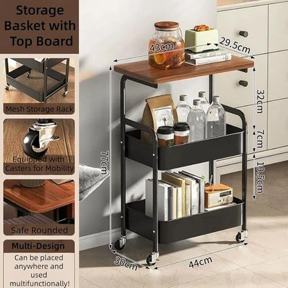 3Tier Rolling Cart - Metal Utility Cart with Wheels, Heavy Duty Mesh Rolling Storage Cart Organizer for Kitchen Office Bedroom Living Room Slide Table (Black)
