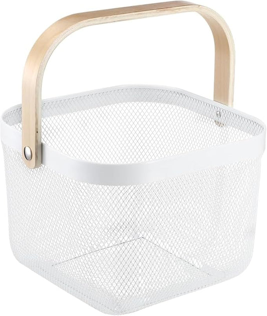 Metal Mesh Wire Basket, Large Steel Basket with Wooden Handle Storage Organizer Basket Multi-functional Hanging Kitchen Baskets Fruit Baskets for Kitchen Bathroom Cabinet Pantry Snacks, White