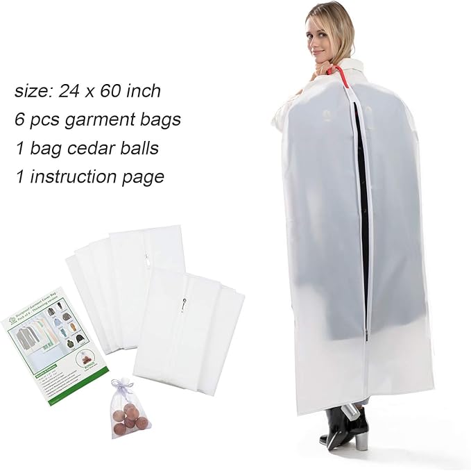 dust proof clothing bags - pack of 6 pcs 60 inch large hanging garment bags and cedar balls, for coat, long dress, gowns, and dance costumes