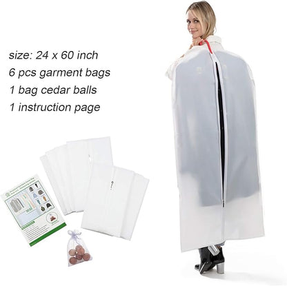 dust proof clothing bags - pack of 6 pcs 60 inch large hanging garment bags and cedar balls, for coat, long dress, gowns, and dance costumes
