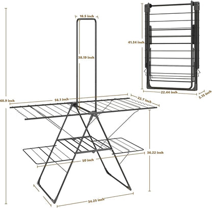 Bigzzia Clothes Drying Rack Foldable, 68.9Inch High Hanger Laundry Drying Rack with 4 Height-Adjustable Wings, Lightweight and Space Saving Clothes Airer for Apartments, Dorms, Camping