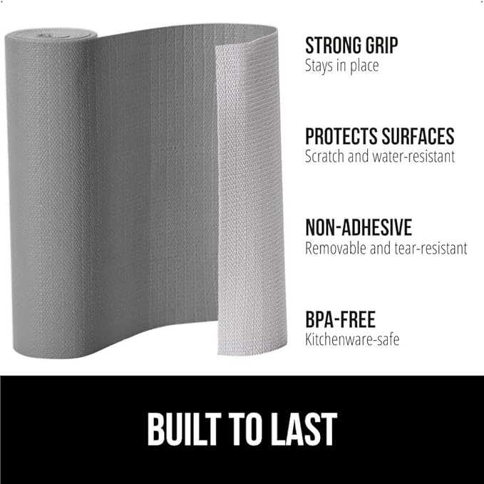 GORILLA GRIP DripGuard Shelf Liner, Non Adhesive Drawer and Kitchen Cabinet Protector, Slip Resistant BPA Free Smooth Surface Plastic Liners for Cabinets, Bathrooms, Closets, 12x120 Inch, Gray