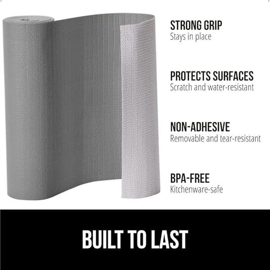 GORILLA GRIP DripGuard Shelf Liner, Non Adhesive Drawer and Kitchen Cabinet Protector, Slip Resistant BPA Free Smooth Surface Plastic Liners for Cabinets, Bathrooms, Closets, 12x240 Inch, Gray