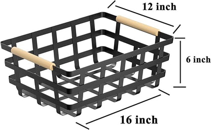 Farmhouse Baskets Wood Handle Pantry Organizer, Metal Bins for Kitchen Shelf Cabinets, Matte Black, 2 Pack