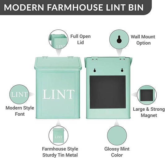 Calindiana Modern Farmhouse Metal Lint Bin for Laundry Room, Mint, 10L