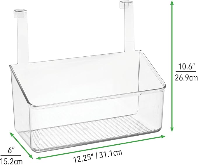 mDesign Plastic Over Cabinet Door Storage Organizer Bin for Kitchen, Pantry, Bathroom, Laundry, Utility Room - Hang Outside or Inside Door - Holds Lunch Bags, Shampoo, Cleaning Supplies, Large - Clear