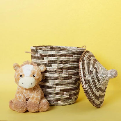 Small Storage Basket, Organizing, Storage, Wicker, Woven, With Lid, Handles, 12" Wide, 14" Tall (Brown White)