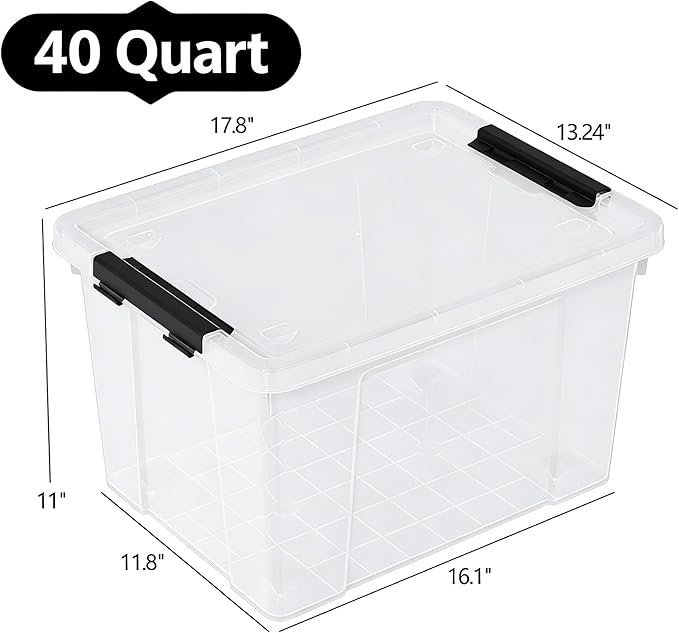 Buyitt 40 Quart Plastic Storage Bin, Stackable and Nestable Storage Boxes with Lids and Secure Latching Buckles, Storage Container for Home or Office Organization (Clear, 40Quart-4Pack)