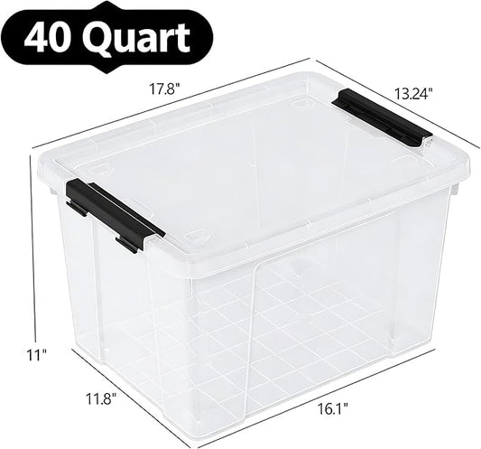 Buyitt 40 Quart Plastic Storage Bin, Stackable and Nestable Storage Boxes with Lids and Secure Latching Buckles, Storage Container for Home or Office Organization (Clear, 40Quart-4Pack)