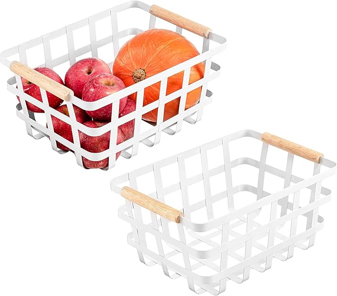 Farmhouse Baskets Wire Storage Metal Baskets Storage Bin Basket Organizer Farmhouse fruit Bin with Wood Handles for Pantry Cabinets Rustic Kitchen Counter Closet,2 Pack - White