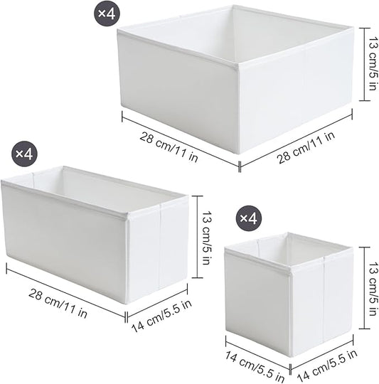 TYEERS Drawer Organizers, Durable Fabric, Washable, with Base Support Boards, Small Storage Boxes for Bathroom, Closet, Dresser, Set of 12, White