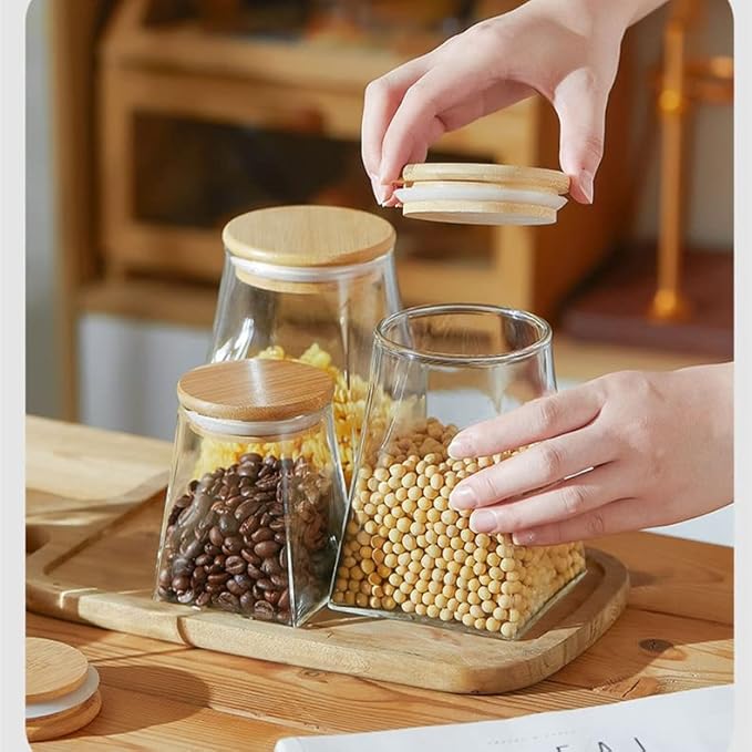 Glass Jars with Bamboo Lids, Candy Jar with Lid, Coffee jar for Counter, Cookie Jar with Airtight Lids, Clear Glass Jar for Candy, Tea, Coffee Bean, Sugar, Spices, Apothecary etc (19oz/550ml)