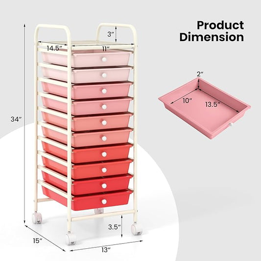 ARLIME 10-Drawer Storage Cart, 10 Drawer Trolley, Rolling Organizer Cart, Scrapbook Paper Organizer, Suitable for Office and School, Rolling Office Storage Tools (Pink)