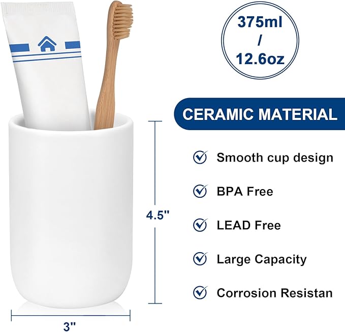 UHEY HOME Bathroom Tumbler Cup Ceramic 12.6oz Reusable Toothbrush Cup 375ml,Toothbrush Holder Adequate for Your Bathroom (White)