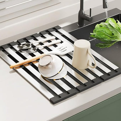 Roll Up Dish Drying Rack, Over Sink Stainless Steel Rack,Foldable Kitchen Sink Mat,Kitchen Sink Drain Rack Dish Storage Rack (19.69" H x 12.8" W)