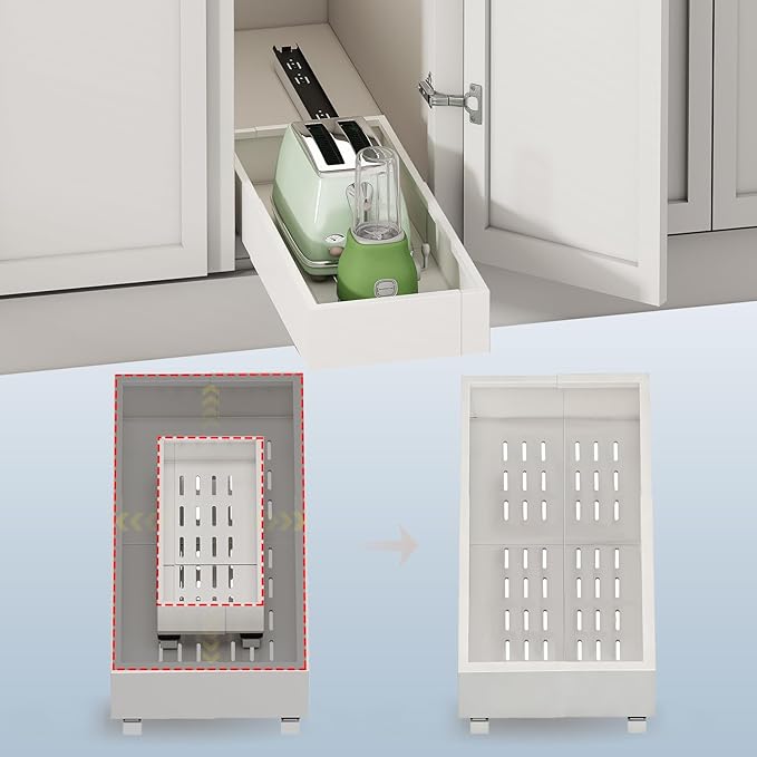 Pull out Cabinet Organizer,Expandable Width(7"-11"),Depth(17"-24") with 5 Rails,Roll out Drawers,No Drill Adjustable Slide out Shelves for Kitchen,Pantry,for Both Lip and Lip-Free Cabinets,White(1PC)