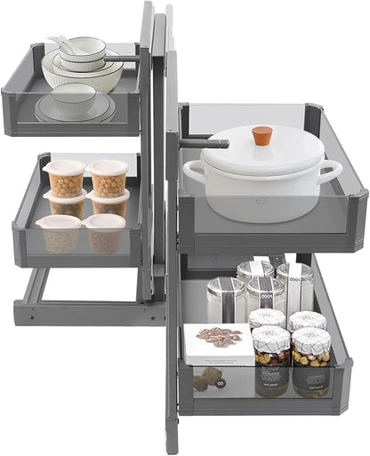 QIANMOON Kitchen Corner Cabinet Pull Out, Magic Corner Pull Out Open, 2 Tiers Swing Tray, Blind Corner Soft Close, for Place Pots and Pans, Containers, Spice Jars