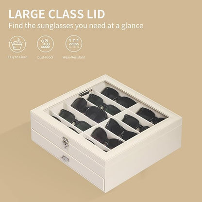 AUTOARK 2-Tier Lockable Glasses & Jewelry Organizer Case with Glass Top,20 Capacity PU Leather Display Box for Sunglasses,Watches,Rings,Ideal Gift for Home Office,Beige,MKAW-303