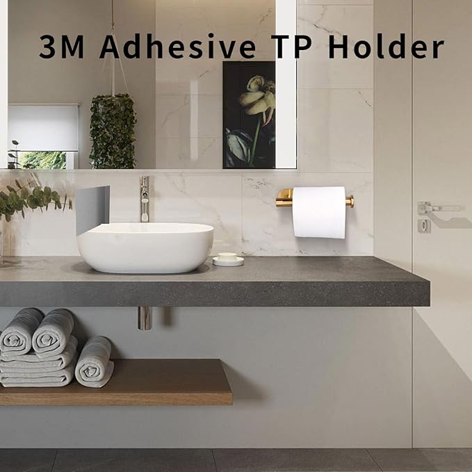Toilet Paper Holder Self Adhesive Roll Holder Wall Mount for Bathroom and Washroom No Drilling SUS304 Stainles-Brushed Gold