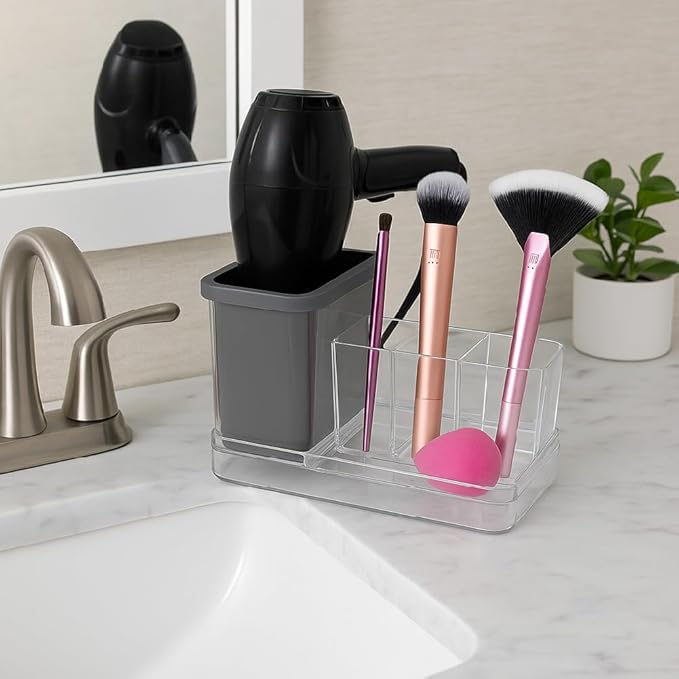 OnDisplay Hair Tool & Makeup Organizer with Silicone-Lined Compartment – Bathroom Counter Storage for Hair Dryer, Brushes, Sponges & Cosmetics – Clear Acrylic Vanity Holder with Removable Tray