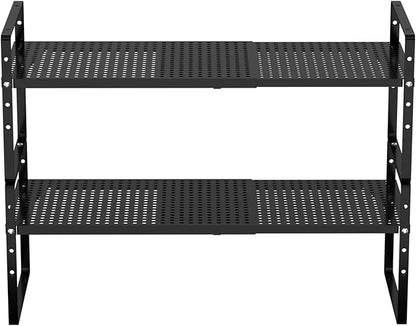 Redrubbit Expandable Cabinet Storage Shelf, Adjustable Height Steel Metal Kitchen Counter Organizers Shelves Spice Rack for Kitchen Pantry Bathroom Cupboard Desk Home Office, Black-2 Pack