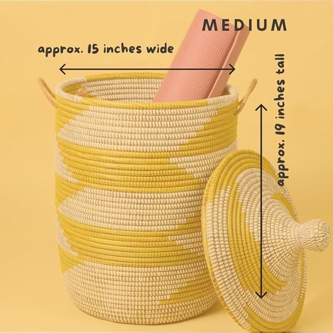 Medium Yellow Basket - Organize Bedroom, Living Room, Nursery - Laundry Hamper, Toy Bin, Blanket Storage, Towels Holder - Decorative, Boho Style - Wicker, Woven, Lid, Handles