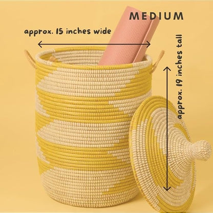 Medium Yellow Basket - Organize Bedroom, Living Room, Nursery - Laundry Hamper, Toy Bin, Blanket Storage, Towels Holder - Decorative, Boho Style - Wicker, Woven, Lid, Handles
