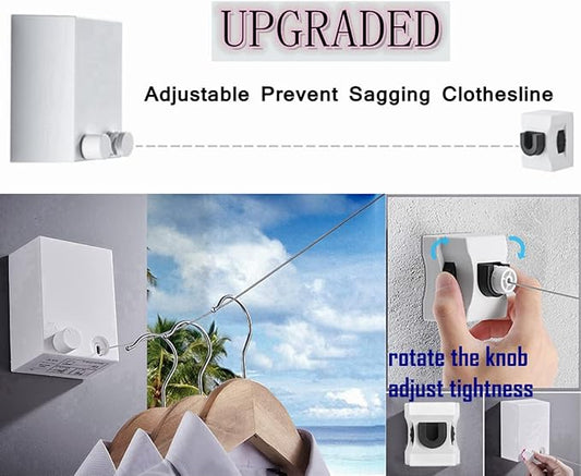 Retractable Clothesline Clothes Line Retracting Outdoor/Indoor, Heavy Duty Stainless Steel Adjustable Drying Rope Wire Dryer with ABS case+Aluminum, Self Adhesive Wall Mount Upgrade Knob Gold