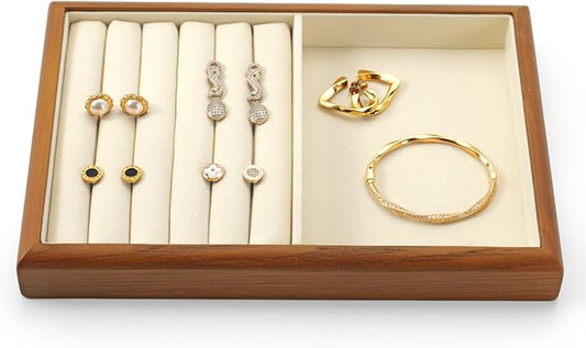 Oirlv Solid Wood Multifunctional Ring Earrings Studs Bangle Jewelry Organizer Tray Jewelry Drawer Organizer(Creamy-white)