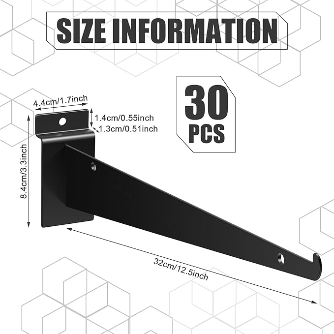 Oudain 12" Slatwall Shelf Bracket with Lip Heavy Duty Slat Wall Brackets Bulk Floating Metal Slatwall Accessories for Shelving Display Garage Kitchen Mounting Supplies(Black,30 Pcs)