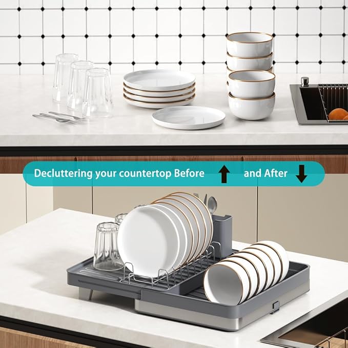YOJIA Stainless Steel Dish Drying Rack, Extendable Dish Drainer Rack, Drainboard, Detachable Cup Shelf, Rustproof Multifunctional Organizer for Kitchen Counter, Cup Holders, Utensil Holder (Grey-Dish)