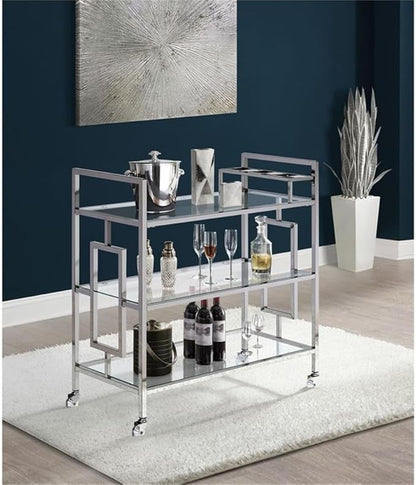 BOWERY HILL Contemporary Clear Tempered Glass Serving Bar Cart
