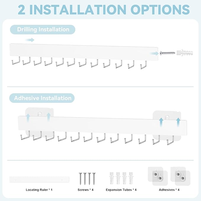 HOMEBROS Tie Rack Wall Mount, Adhesive Wooden Closet Tie Hanger with 24 Metal Hooks, Large Capacity, 2 Installation Options, White, 2 Pcs