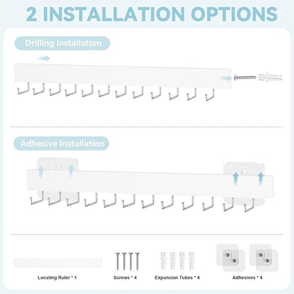 HOMEBROS Tie Rack Wall Mount, Adhesive Wooden Closet Tie Hanger with 24 Metal Hooks, Large Capacity, 2 Installation Options, White, 2 Pcs