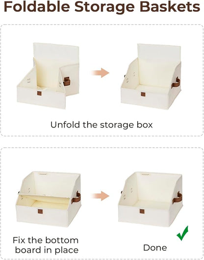 StorageWorks Closet Storage Bins, Trapezoid Organizer Box for Shelves, Fabric Clothes Bin, Foldable Organizing Baskets with Handles, Small, Ivory White, 3-Pack